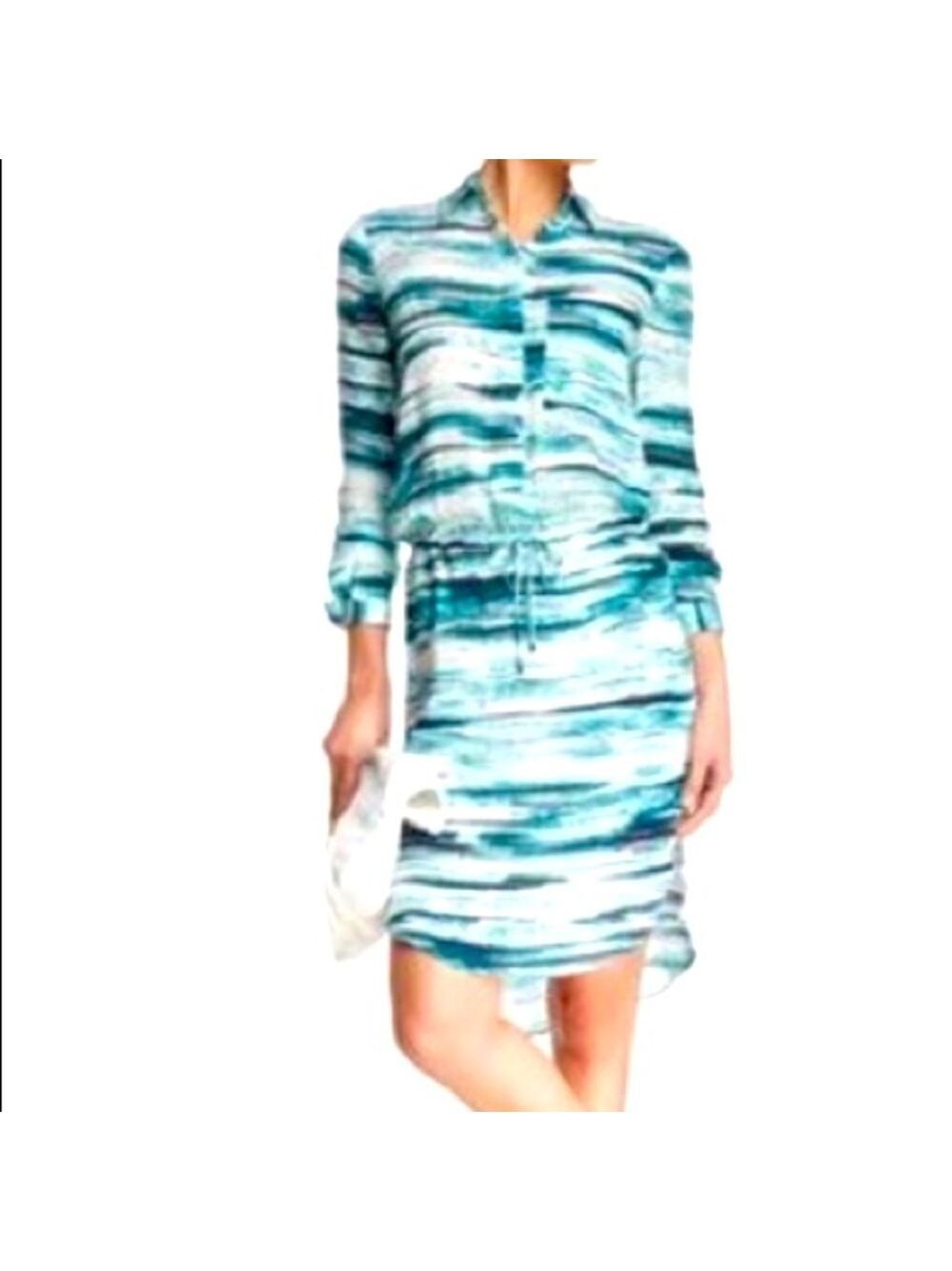 Haute Hippie Tie Dye Silk Blouse Dress Sz XS Green Blue White Tab Sleeve Tunic
